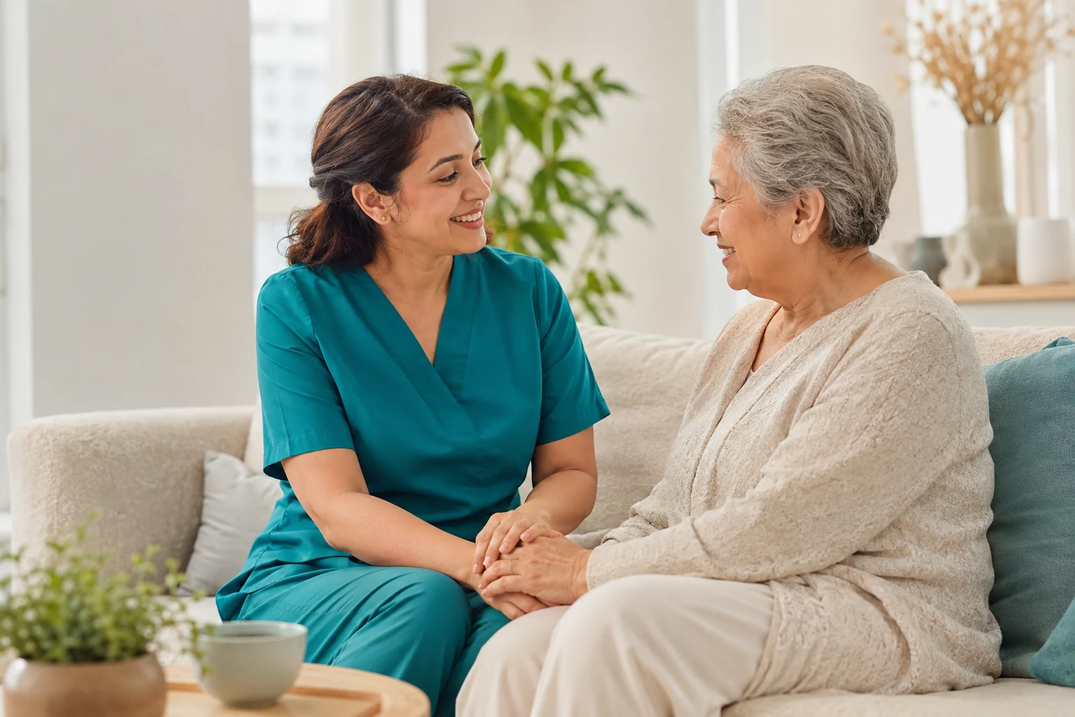 An older woman and a caregiver sharing a relaxed moment at home
